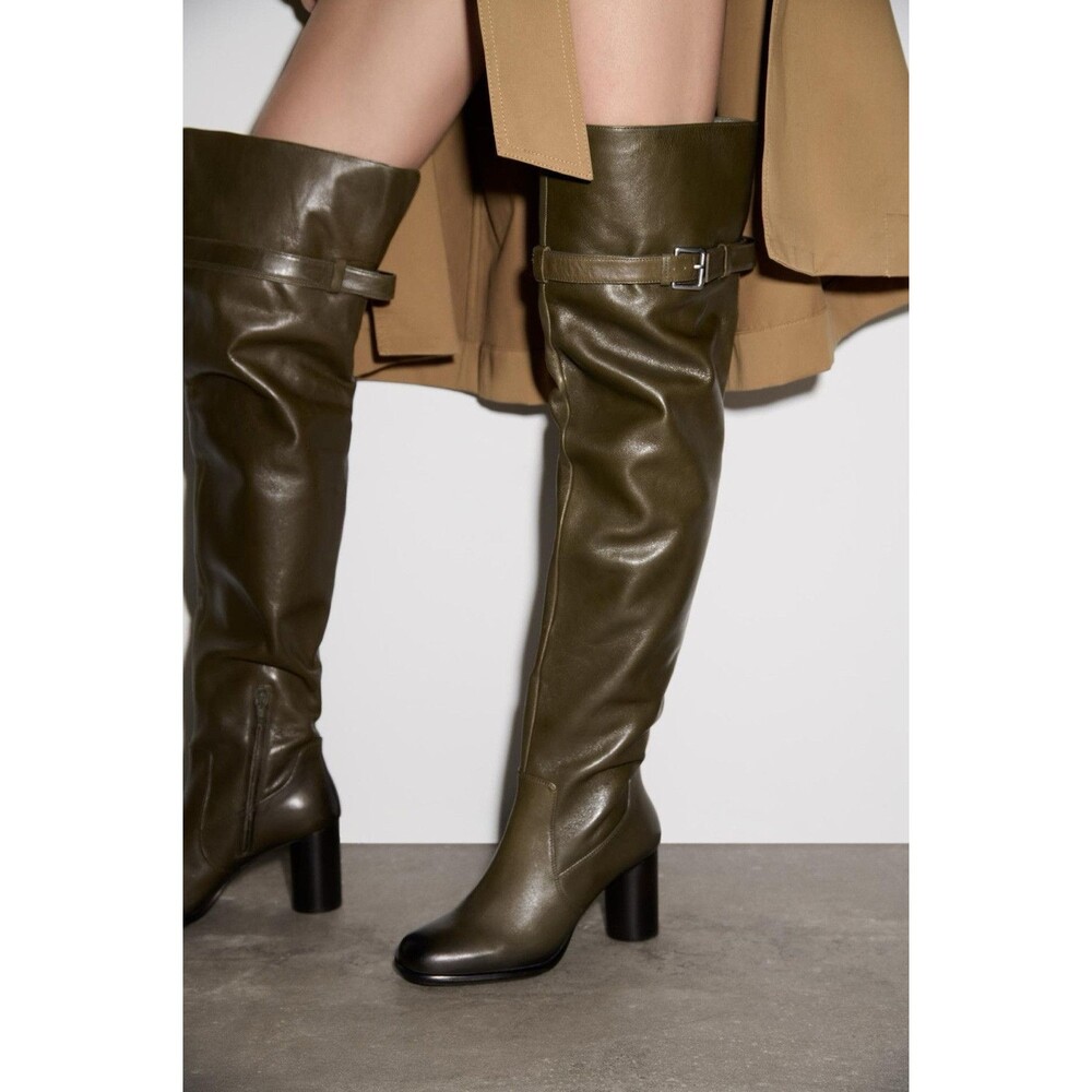 ZARA NEW WOMAN KNEE HIGH WIDE-LEG LEATHER HIGH-HEEL BOOTS GREEN SIZE 8 1016/410 - Picture 2 of 16